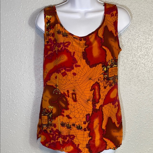 VNTG Anne Pinkerton 100% Silk Map Themed Top Orange and Red Sleeveless - Picture 4 of 9